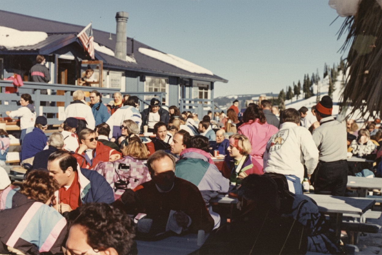 People gathered outdoors on a sunny day, likely at a ski resort.