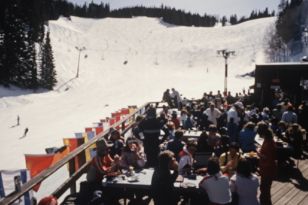 skiers on the deck of Bonnie's restaurant on Aspen Mountain, 1986. The deck is lined with international flags, and the Ruthie's chairlift (#8) is visible.