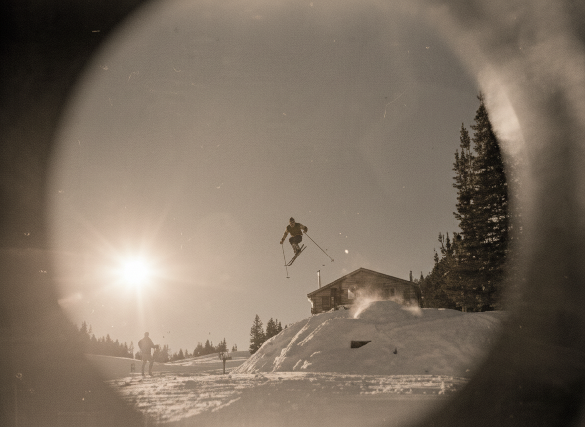 Anderl Molterer skiing on Aspen Mountain, 1967. He is in the air, going off of a jump below Gretl's Restaurant.